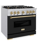 ZLINE Autograph Edition 36 in. 5.2 cu. ft. Classic Dual Fuel Range with 6 Burner Gas Cooktop and Electric Convection Oven in Stainless Steel with Black Matte Door and Champagne Bronze Accents (CDRZ-BLM-36-CB) - (CDRZBLM36CB) -