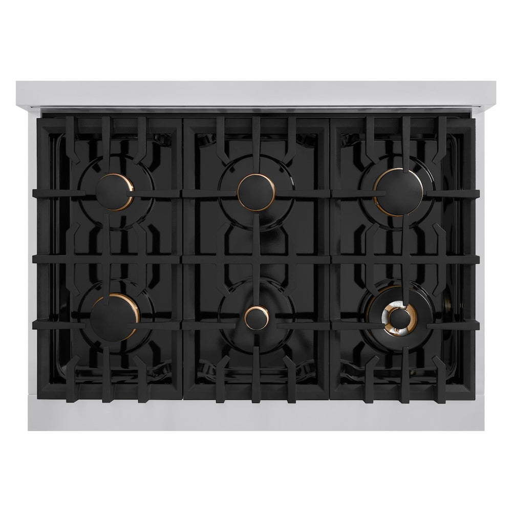 ZLINE Autograph Edition 36 in. 5.2 cu. ft. Classic Dual Fuel Range with 6 Burner Gas Cooktop and Electric Convection Oven in Stainless Steel with Black Matte Door and Champagne Bronze Accents (CDRZ-BLM-36-CB) - (CDRZBLM36CB) -