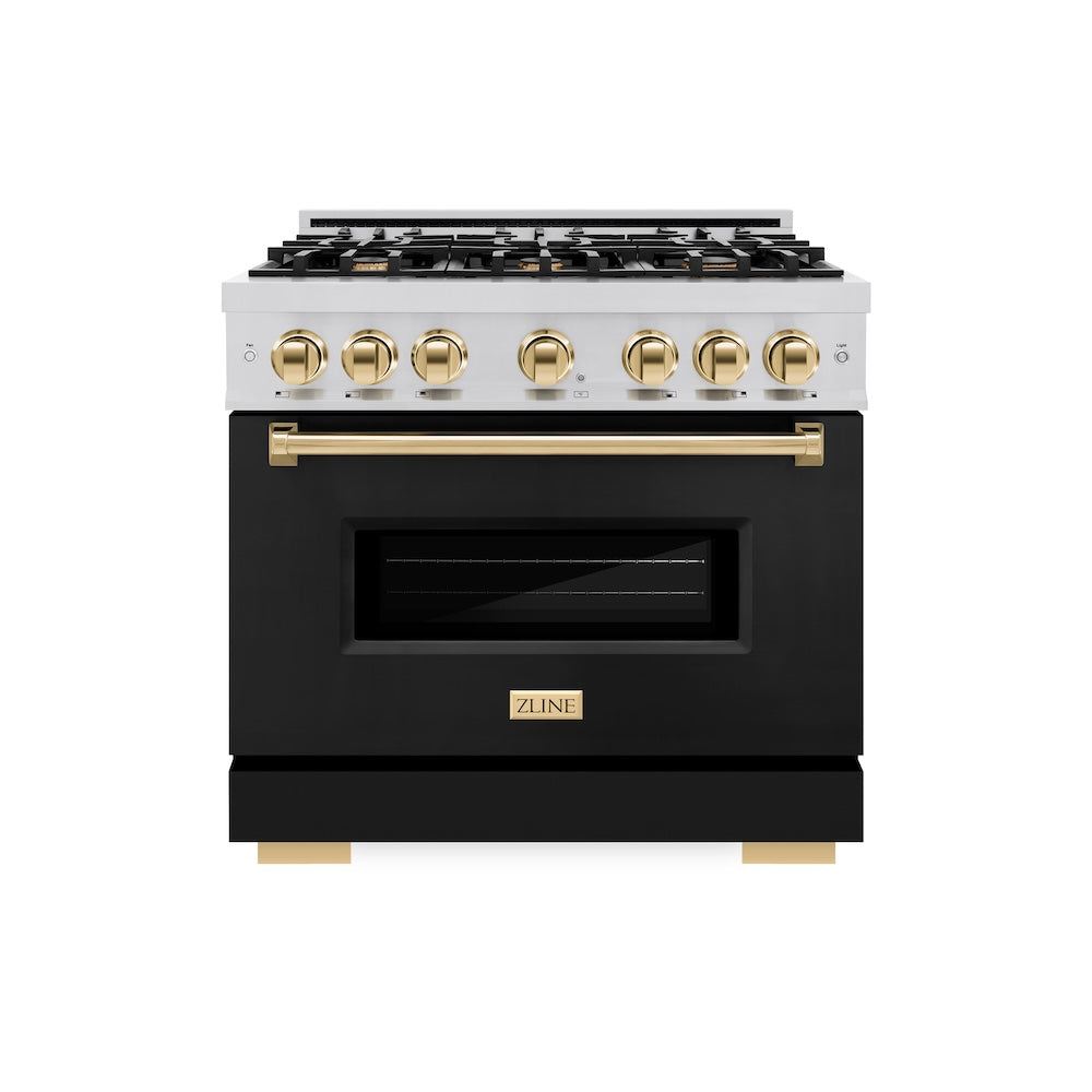 ZLINE Autograph Edition 36 in. 5.2 cu. ft. Classic Dual Fuel Range with 6 Burner Gas Cooktop and Electric Convection Oven in Stainless Steel with Black Matte Door and Polished Gold Accents (CDRZ-BLM-36-G) - (CDRZBLM36G) -