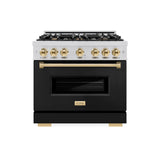ZLINE Autograph Edition 36 in. 5.2 cu. ft. Classic Dual Fuel Range with 6 Burner Gas Cooktop and Electric Convection Oven in Stainless Steel with Black Matte Door and Polished Gold Accents (CDRZ-BLM-36-G) - (CDRZBLM36G) -