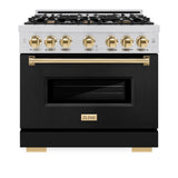 ZLINE Autograph Edition 36 in. 5.2 cu. ft. Classic Dual Fuel Range with 6 Burner Gas Cooktop and Electric Convection Oven in Stainless Steel with Black Matte Door and Polished Gold Accents (CDRZ-BLM-36-G) - (CDRZBLM36G) -