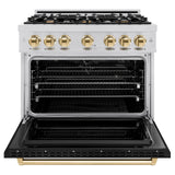 ZLINE Autograph Edition 36 in. 5.2 cu. ft. Classic Dual Fuel Range with 6 Burner Gas Cooktop and Electric Convection Oven in Stainless Steel with Black Matte Door and Polished Gold Accents (CDRZ-BLM-36-G) - (CDRZBLM36G) -