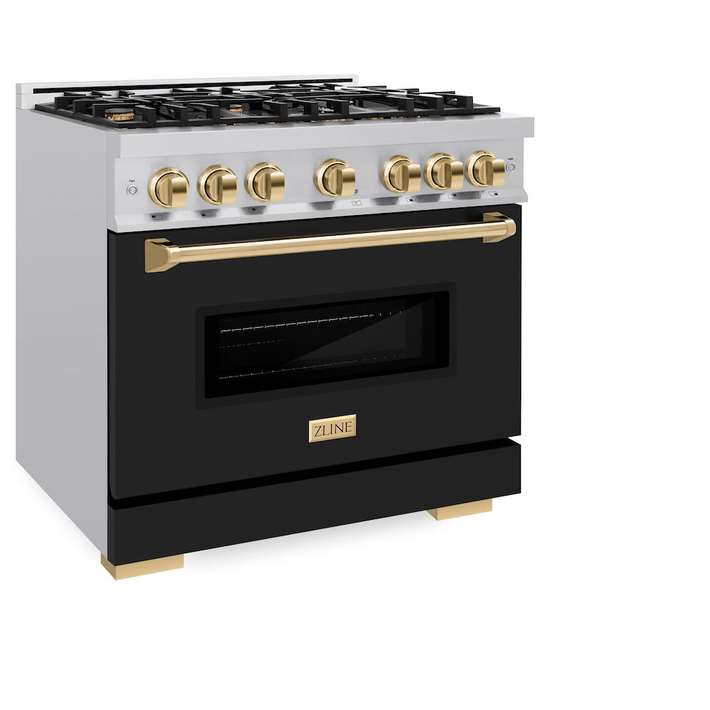 ZLINE Autograph Edition 36 in. 5.2 cu. ft. Classic Dual Fuel Range with 6 Burner Gas Cooktop and Electric Convection Oven in Stainless Steel with Black Matte Door and Polished Gold Accents (CDRZ-BLM-36-G) - (CDRZBLM36G) -