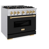 ZLINE Autograph Edition 36 in. 5.2 cu. ft. Classic Dual Fuel Range with 6 Burner Gas Cooktop and Electric Convection Oven in Stainless Steel with Black Matte Door and Polished Gold Accents (CDRZ-BLM-36-G) - (CDRZBLM36G) -