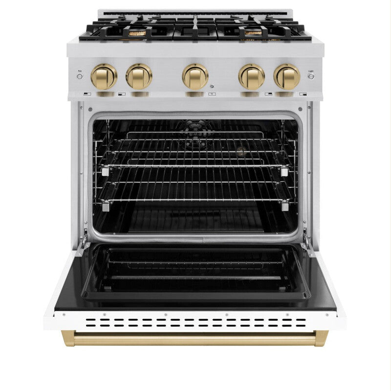 ZLINE Autograph Edition 30 in. 4.2 cu. ft. Classic Dual Fuel Range with 4 Burner Gas Cooktop and Electric Convection Oven in Stainless Steel with White Matte Door and Champagne Bronze Accents (CDRZ-WM-30-CB) - (CDRZWM30CB) -