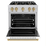 ZLINE Autograph Edition 30 in. 4.2 cu. ft. Classic Dual Fuel Range with 4 Burner Gas Cooktop and Electric Convection Oven in Stainless Steel with White Matte Door and Champagne Bronze Accents (CDRZ-WM-30-CB) - (CDRZWM30CB) -