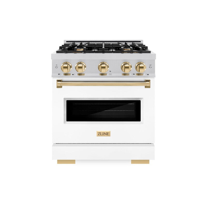 ZLINE Autograph Edition 30 in. 4.2 cu. ft. Classic Dual Fuel Range with 4 Burner Gas Cooktop and Electric Convection Oven in Stainless Steel with White Matte Door and Polished Gold Accents (CDRZ-WM-30-G) - (CDRZWM30G) -