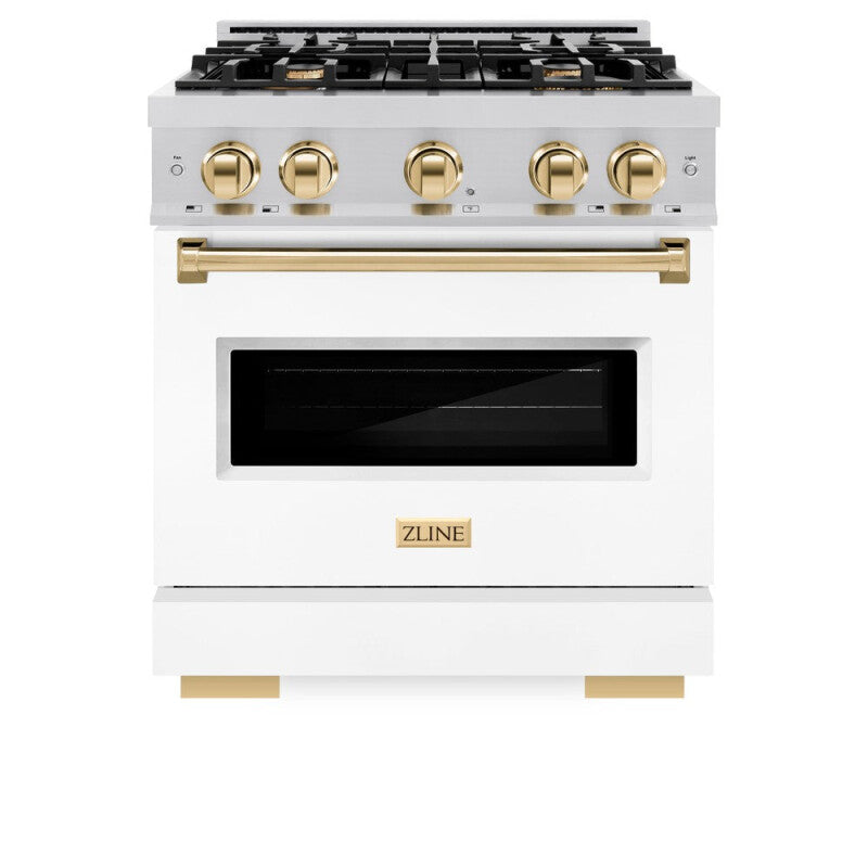 ZLINE Autograph Edition 30 in. 4.2 cu. ft. Classic Dual Fuel Range with 4 Burner Gas Cooktop and Electric Convection Oven in Stainless Steel with White Matte Door and Polished Gold Accents (CDRZ-WM-30-G) - (CDRZWM30G) -