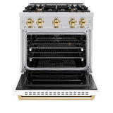 ZLINE Autograph Edition 30 in. 4.2 cu. ft. Classic Dual Fuel Range with 4 Burner Gas Cooktop and Electric Convection Oven in Stainless Steel with White Matte Door and Polished Gold Accents (CDRZ-WM-30-G) - (CDRZWM30G) -