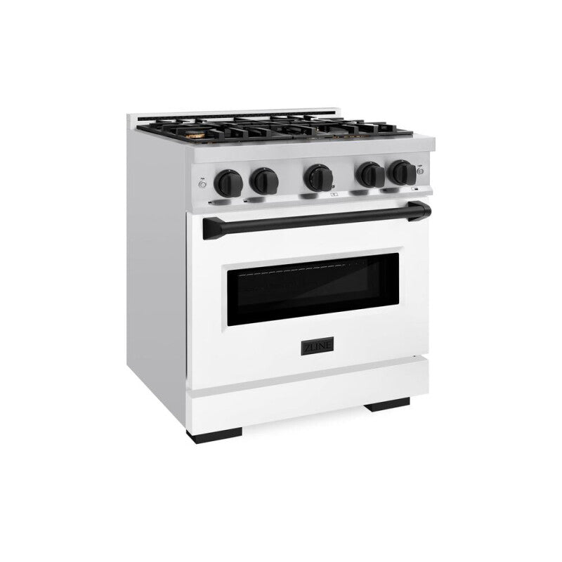 ZLINE Autograph Edition 30 in. 4.2 cu. ft. Classic Dual Fuel Range with 4 Burner Gas Cooktop and Electric Convection Oven in Stainless Steel with White Matte Door and Matte Black Accents (CDRZ-WM-30-MB) - (CDRZWM30MB) -