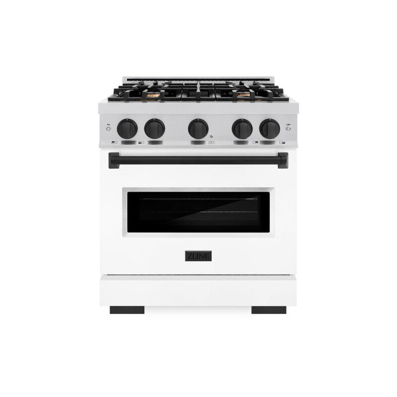 ZLINE Autograph Edition 30 in. 4.2 cu. ft. Classic Dual Fuel Range with 4 Burner Gas Cooktop and Electric Convection Oven in Stainless Steel with White Matte Door and Matte Black Accents (CDRZ-WM-30-MB) - (CDRZWM30MB) -