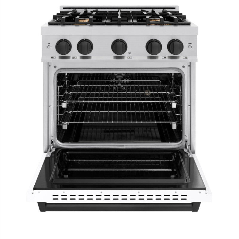 ZLINE Autograph Edition 30 in. 4.2 cu. ft. Classic Dual Fuel Range with 4 Burner Gas Cooktop and Electric Convection Oven in Stainless Steel with White Matte Door and Matte Black Accents (CDRZ-WM-30-MB) - (CDRZWM30MB) -