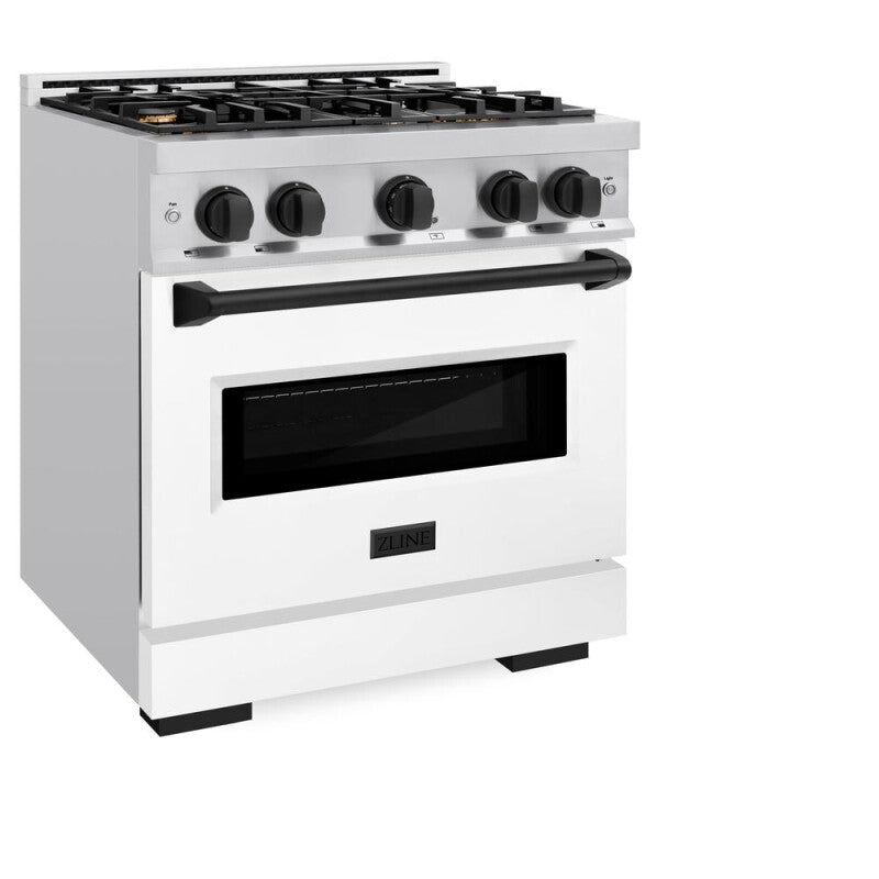 ZLINE Autograph Edition 30 in. 4.2 cu. ft. Classic Dual Fuel Range with 4 Burner Gas Cooktop and Electric Convection Oven in Stainless Steel with White Matte Door and Matte Black Accents (CDRZ-WM-30-MB) - (CDRZWM30MB) -