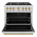 ZLINE Autograph Edition 36 in. 5.2 cu. ft. Classic Dual Fuel Range with 6 Burner Gas Cooktop and Electric Convection Oven in Stainless Steel with White Matte Door and Champagne Bronze Accents (CDRZ-WM-36-CB) - (CDRZWM36CB) -