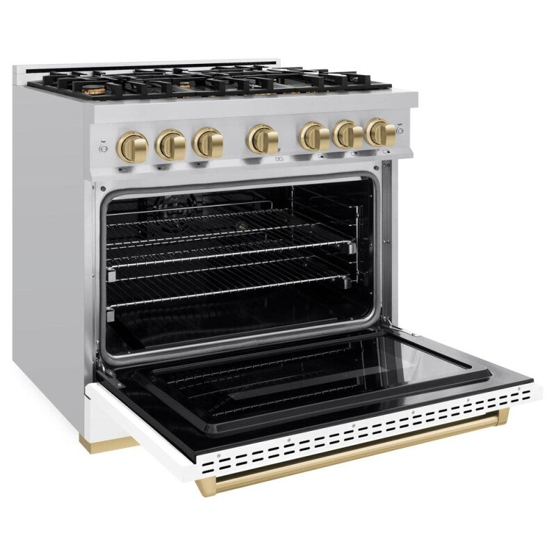 ZLINE Autograph Edition 36 in. 5.2 cu. ft. Classic Dual Fuel Range with 6 Burner Gas Cooktop and Electric Convection Oven in Stainless Steel with White Matte Door and Champagne Bronze Accents (CDRZ-WM-36-CB) - (CDRZWM36CB) -