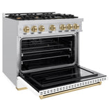 ZLINE Autograph Edition 36 in. 5.2 cu. ft. Classic Dual Fuel Range with 6 Burner Gas Cooktop and Electric Convection Oven in Stainless Steel with White Matte Door and Champagne Bronze Accents (CDRZ-WM-36-CB) - (CDRZWM36CB) -