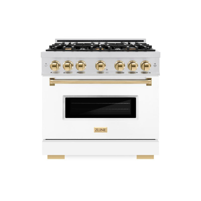 ZLINE Autograph Edition 36 in. 5.2 cu. ft. Classic Dual Fuel Range with 6 Burner Gas Cooktop and Electric Convection Oven in Stainless Steel with White Matte Door and Polished Gold Accents (CDRZ-WM-36-G) - (CDRZWM36G) -