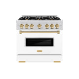 ZLINE Autograph Edition 36 in. 5.2 cu. ft. Classic Dual Fuel Range with 6 Burner Gas Cooktop and Electric Convection Oven in Stainless Steel with White Matte Door and Polished Gold Accents (CDRZ-WM-36-G) - (CDRZWM36G) -