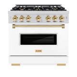 ZLINE Autograph Edition 36 in. 5.2 cu. ft. Classic Dual Fuel Range with 6 Burner Gas Cooktop and Electric Convection Oven in Stainless Steel with White Matte Door and Polished Gold Accents (CDRZ-WM-36-G) - (CDRZWM36G) -