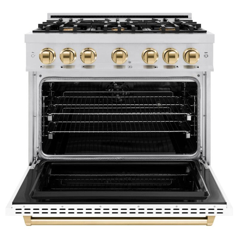 ZLINE Autograph Edition 36 in. 5.2 cu. ft. Classic Dual Fuel Range with 6 Burner Gas Cooktop and Electric Convection Oven in Stainless Steel with White Matte Door and Polished Gold Accents (CDRZ-WM-36-G) - (CDRZWM36G) -