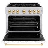 ZLINE Autograph Edition 36 in. 5.2 cu. ft. Classic Dual Fuel Range with 6 Burner Gas Cooktop and Electric Convection Oven in Stainless Steel with White Matte Door and Polished Gold Accents (CDRZ-WM-36-G) - (CDRZWM36G) -