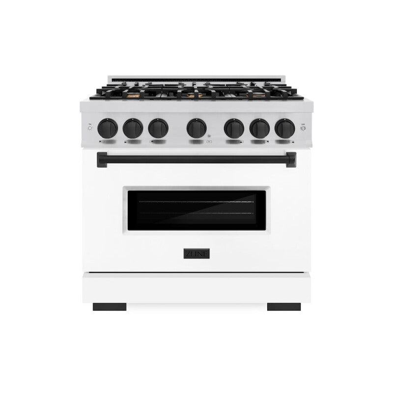 ZLINE Autograph Edition 36 in. 5.2 cu. ft. Classic Dual Fuel Range with 6 Burner Gas Cooktop and Electric Convection Oven in Stainless Steel with White Matte Door and Matte Black Accents (CDRZ-WM-36-MB) - (CDRZWM36MB) -