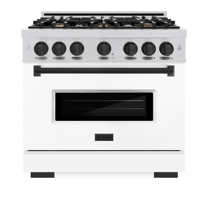 ZLINE Autograph Edition 36 in. 5.2 cu. ft. Classic Dual Fuel Range with 6 Burner Gas Cooktop and Electric Convection Oven in Stainless Steel with White Matte Door and Matte Black Accents (CDRZ-WM-36-MB) - (CDRZWM36MB) -