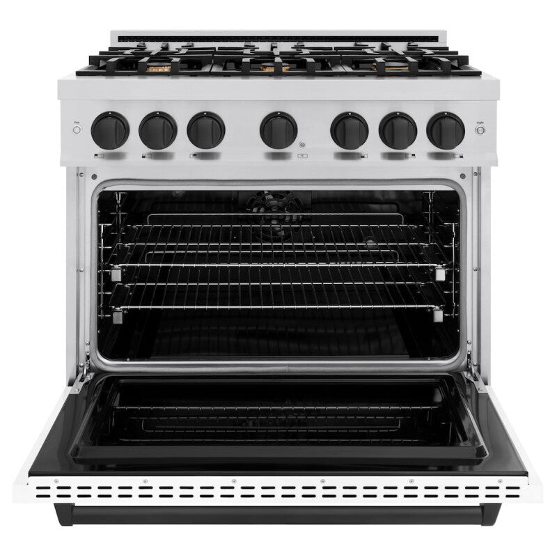 ZLINE Autograph Edition 36 in. 5.2 cu. ft. Classic Dual Fuel Range with 6 Burner Gas Cooktop and Electric Convection Oven in Stainless Steel with White Matte Door and Matte Black Accents (CDRZ-WM-36-MB) - (CDRZWM36MB) -