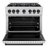 ZLINE Autograph Edition 36 in. 5.2 cu. ft. Classic Dual Fuel Range with 6 Burner Gas Cooktop and Electric Convection Oven in Stainless Steel with White Matte Door and Matte Black Accents (CDRZ-WM-36-MB) - (CDRZWM36MB) -