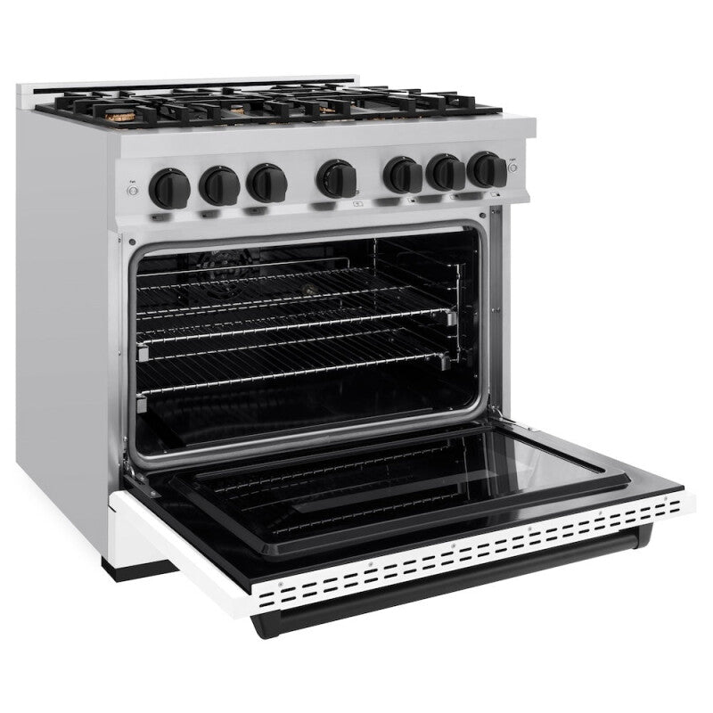 ZLINE Autograph Edition 36 in. 5.2 cu. ft. Classic Dual Fuel Range with 6 Burner Gas Cooktop and Electric Convection Oven in Stainless Steel with White Matte Door and Matte Black Accents (CDRZ-WM-36-MB) - (CDRZWM36MB) -