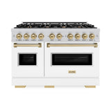 ZLINE Autograph Edition 48 in. 6.7 cu. ft. Classic Double Oven Dual Fuel Range with 8 Burner Gas Cooktop in Stainless Steel with White Matte Doors and Champagne Bronze Accents (CDRZ-WM-48-CB) - (CDRZWM48CB) -