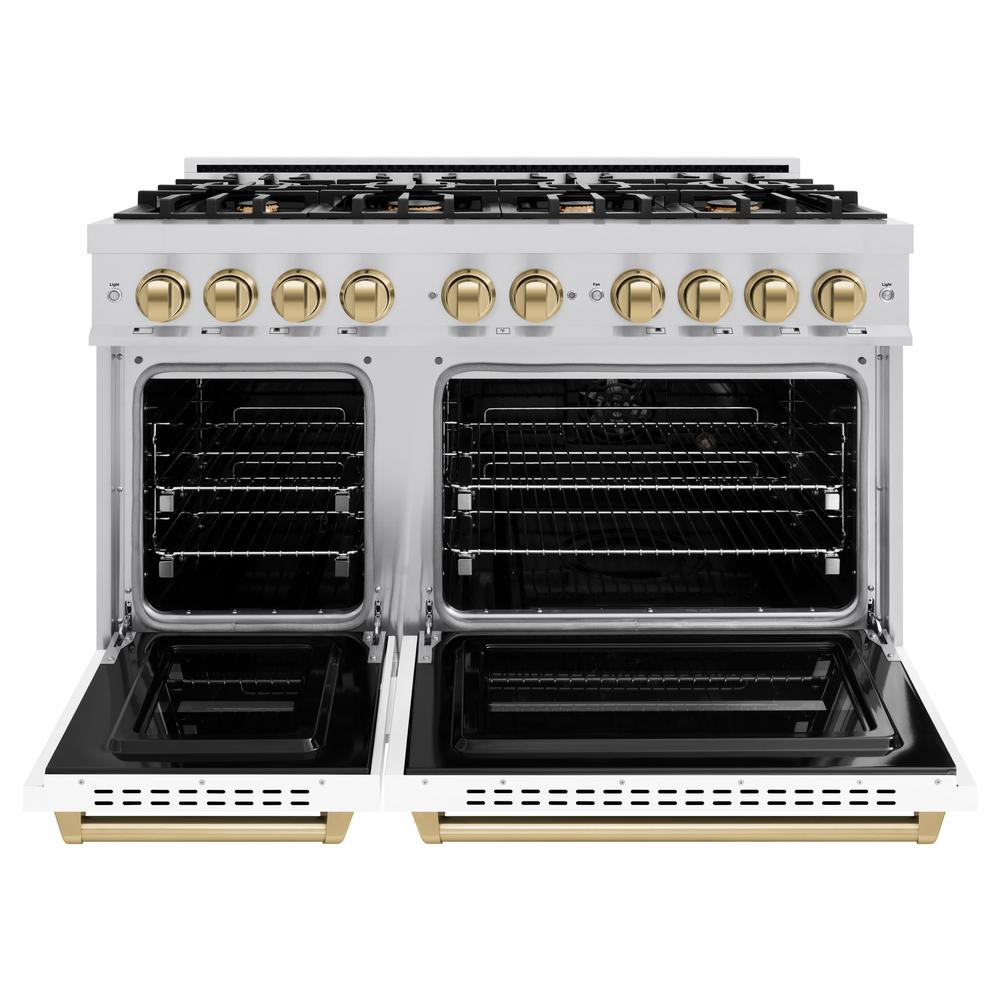 ZLINE Autograph Edition 48 in. 6.7 cu. ft. Classic Double Oven Dual Fuel Range with 8 Burner Gas Cooktop in Stainless Steel with White Matte Doors and Champagne Bronze Accents (CDRZ-WM-48-CB) - (CDRZWM48CB) -