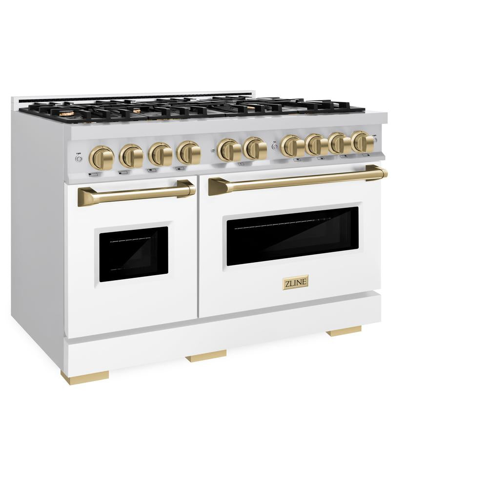 ZLINE Autograph Edition 48 in. 6.7 cu. ft. Classic Double Oven Dual Fuel Range with 8 Burner Gas Cooktop in Stainless Steel with White Matte Doors and Champagne Bronze Accents (CDRZ-WM-48-CB) - (CDRZWM48CB) -
