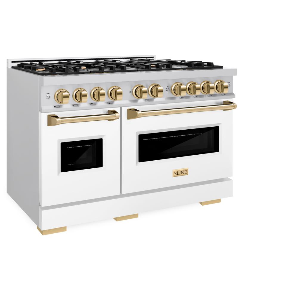 ZLINE Autograph Edition 48 in. 6.7 cu. ft. Classic Double Oven Dual Fuel Range with 8 Burner Gas Cooktop in Stainless Steel with White Matte Doors and Polished Gold Accents (CDRZ-WM-48-G) - (CDRZWM48G) -