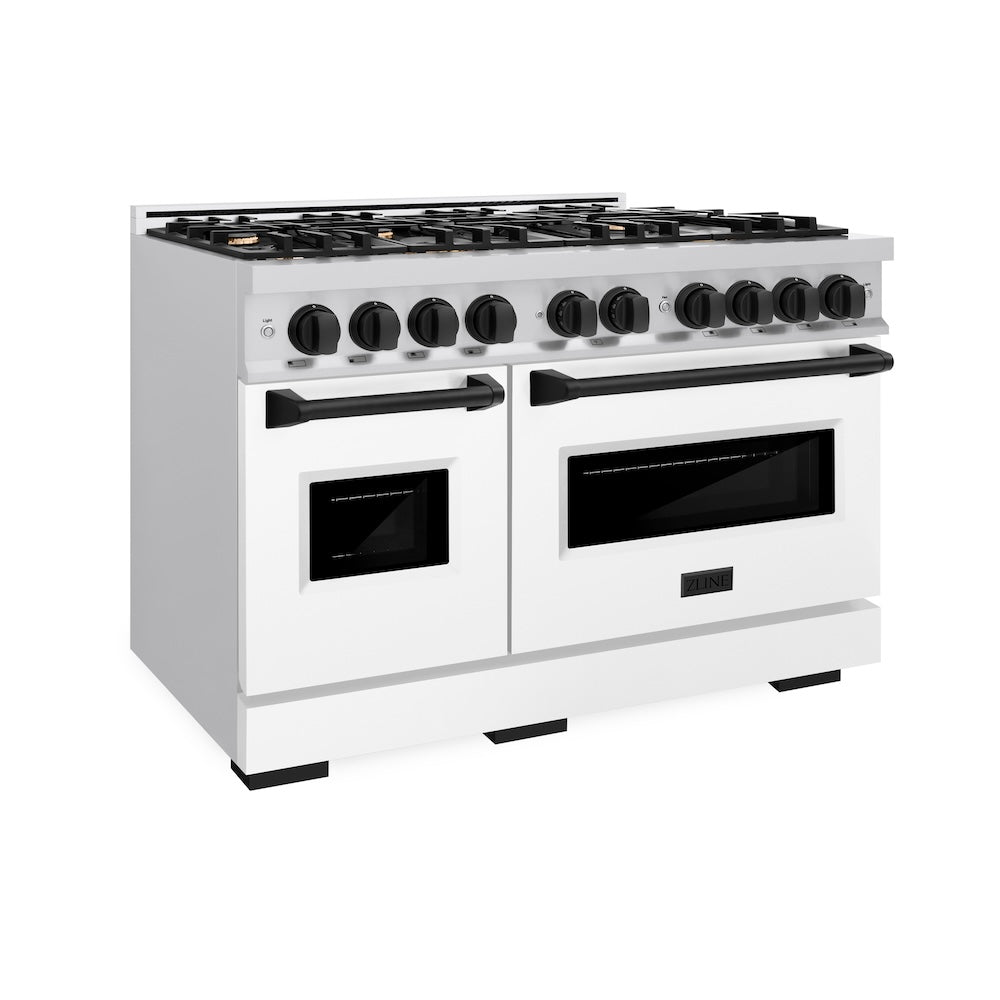 ZLINE Autograph Edition 48 in. 6.7 cu. ft. Classic Double Oven Dual Fuel Range with 8 Burner Gas Cooktop in Stainless Steel with White Matte Door and Matte Black Accents (CDRZ-WM-48-MB) - (CDRZWM48MB) -