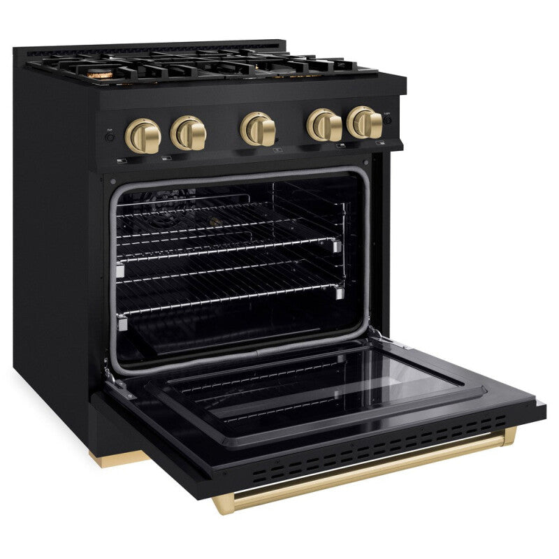 ZLINE Autograph Edition 30 in. 4.2 cu. ft. Classic Gas Range with 4 Burner Cooktop and Convection Gas Oven in Black Stainless Steel and Champagne Bronze Accents (CGRBZ-30-CB) - (CGRBZ30CB) -