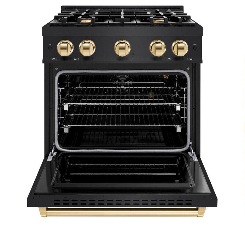 ZLINE Autograph Edition 30 in. 4.2 cu. ft. Classic Gas Range with 4 Burner Cooktop and Convection Gas Oven in Black Stainless Steel and Polished Gold Accents (CGRBZ-30-G) - (CGRBZ30G) -