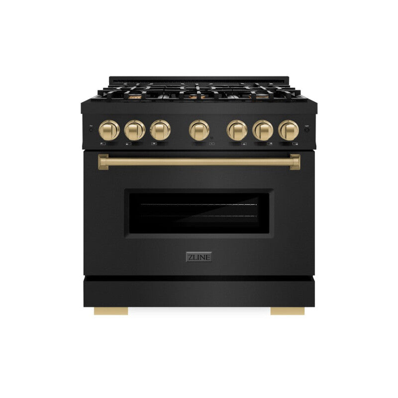 ZLINE Autograph Edition 36 in. 5.2 cu. ft. Classic Gas Range with 6 Burner Cooktop and Convection Gas Oven in Black Stainless Steel and Champagne Bronze Accents (CGRBZ-36-CB) - (CGRBZ36CB) -