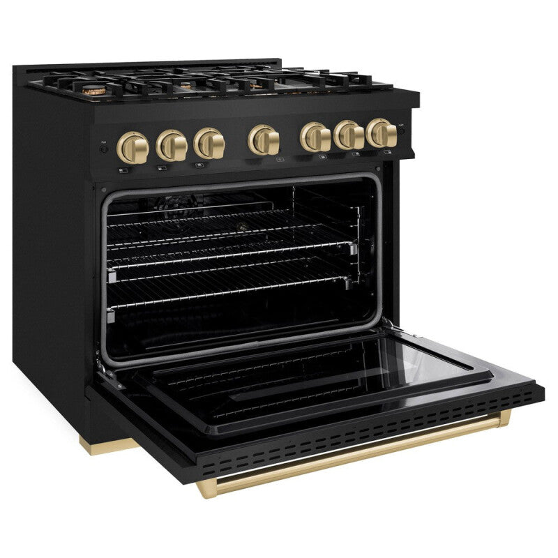 ZLINE Autograph Edition 36 in. 5.2 cu. ft. Classic Gas Range with 6 Burner Cooktop and Convection Gas Oven in Black Stainless Steel and Champagne Bronze Accents (CGRBZ-36-CB) - (CGRBZ36CB) -