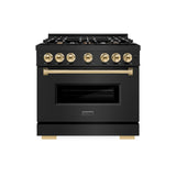 ZLINE Autograph Edition 36 in. 5.2 cu. ft. Classic Gas Range with 6 Burner Cooktop and Convection Gas Oven in Black Stainless Steel and Polished Gold Accents (CGRBZ-36-G) - (CGRBZ36G) -