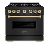 ZLINE Autograph Edition 36 in. 5.2 cu. ft. Classic Gas Range with 6 Burner Cooktop and Convection Gas Oven in Black Stainless Steel and Polished Gold Accents (CGRBZ-36-G) - (CGRBZ36G) -