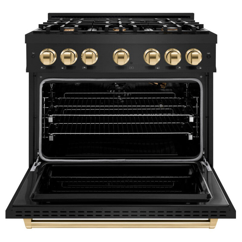 ZLINE Autograph Edition 36 in. 5.2 cu. ft. Classic Gas Range with 6 Burner Cooktop and Convection Gas Oven in Black Stainless Steel and Polished Gold Accents (CGRBZ-36-G) - (CGRBZ36G) -