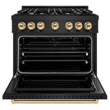 ZLINE Autograph Edition 36 in. 5.2 cu. ft. Classic Gas Range with 6 Burner Cooktop and Convection Gas Oven in Black Stainless Steel and Polished Gold Accents (CGRBZ-36-G) - (CGRBZ36G) -