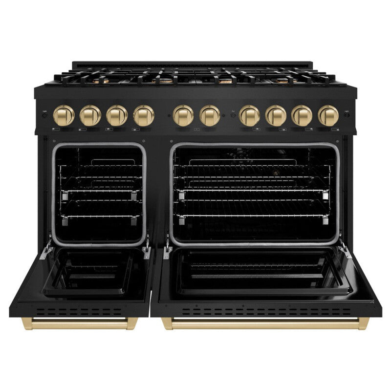 ZLINE Autograph Edition 48 in. 6.7 cu. ft. Classic Double Oven Gas Range with 8 Burner Cooktop in Black Stainless Steel and Champagne Bronze Accents (CGRBZ-48-CB) - (CGRBZ48CB) -