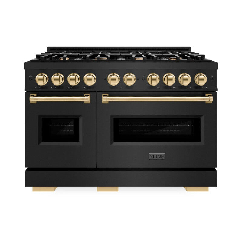 ZLINE Autograph Edition 48 in. 6.7 cu. ft. Classic Double Oven Gas Range with 8 Burner Cooktop in Black Stainless Steel and Polished Gold Accents (CGRBZ-48-G) - (CGRBZ48G) -