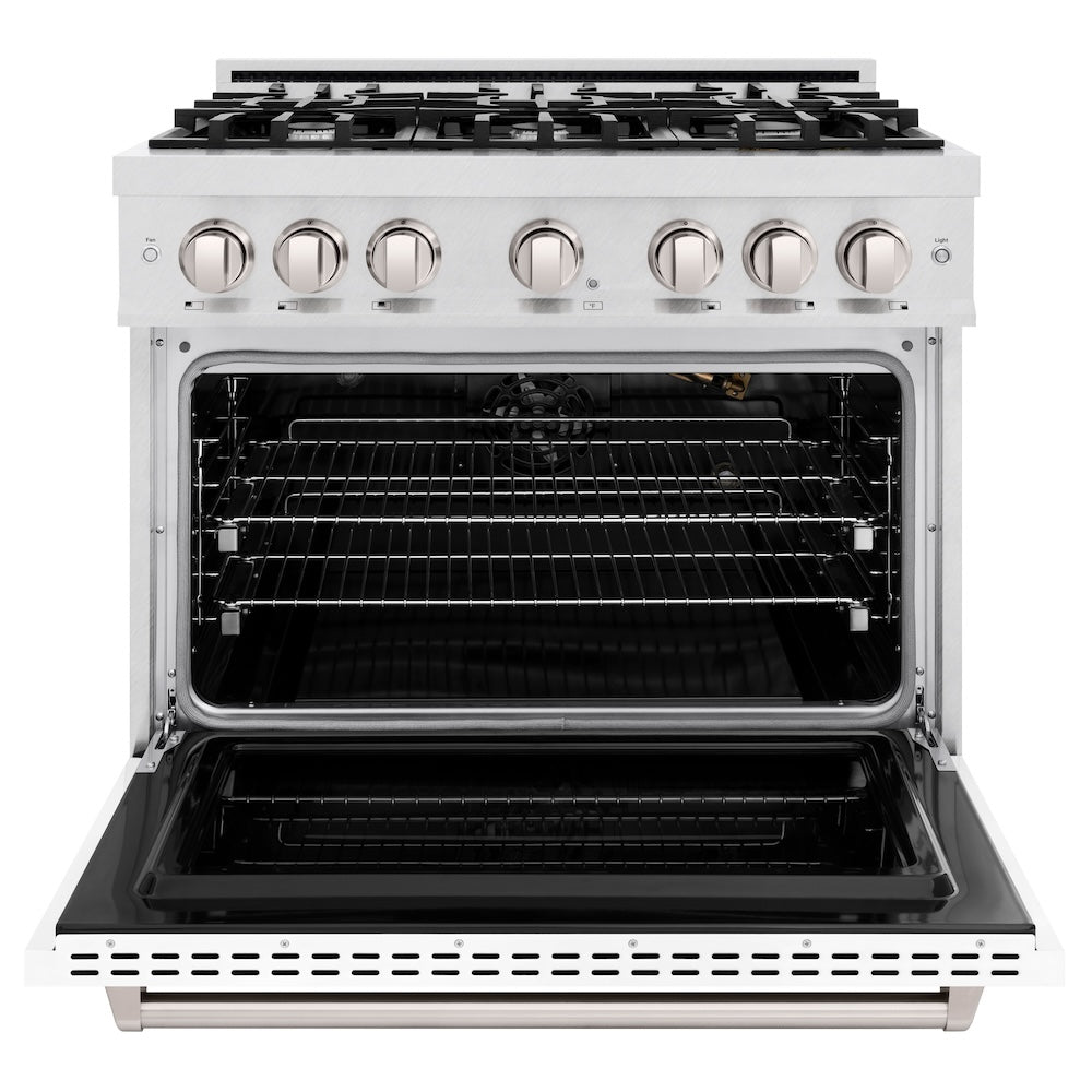 ZLINE 36 in. 5.2 cu. ft. Classic Gas Range with 6 Burner Cooktop and Convection Gas Oven in DuraSnow® Stainless Steel with White Matte Door (CGRS-WM-36) - (CGRSWM36) -
