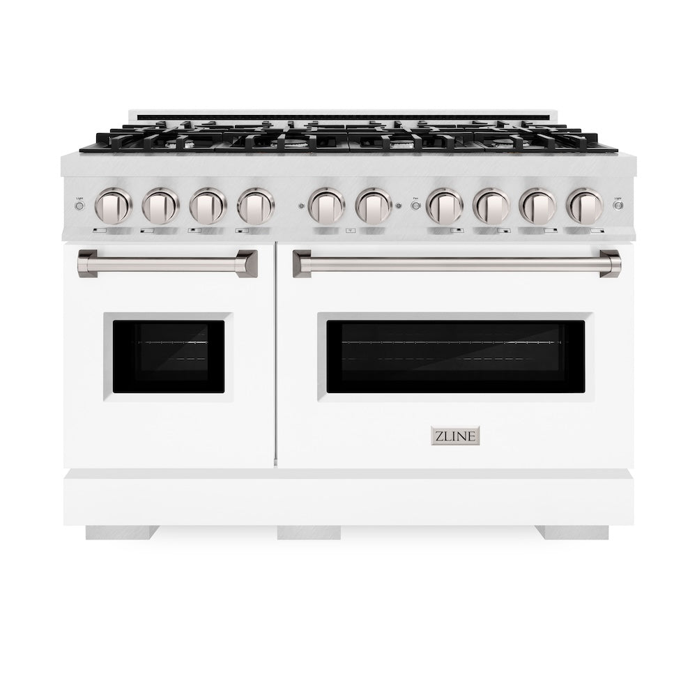 ZLINE 48 in. 6.7 cu. ft. Classic Double Oven Gas Range with 8 Burner Cooktop in DuraSnow® Stainless Steel with White Matte Doors (CGRS-WM-48) - (CGRSWM48) -