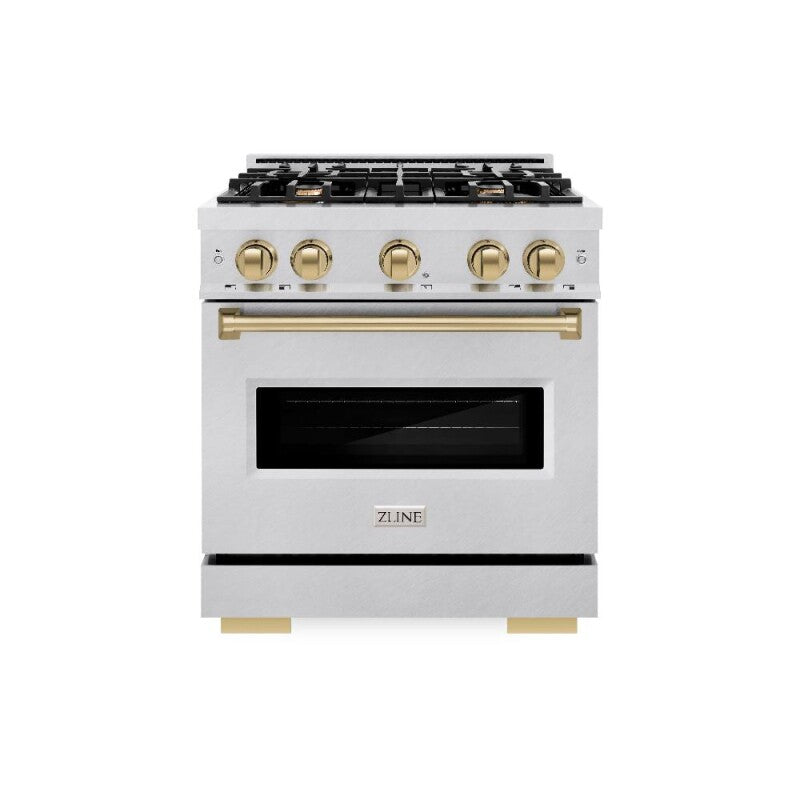 ZLINE Autograph Edition 30 in. 4.2 cu. ft. Classic Gas Range with 4 Burner Cooktop and Convection Gas Oven in DuraSnow® Stainless Steel and Champagne Bronze Accents (CGRSZ-30-CB) - (CGRSZ30CB) -