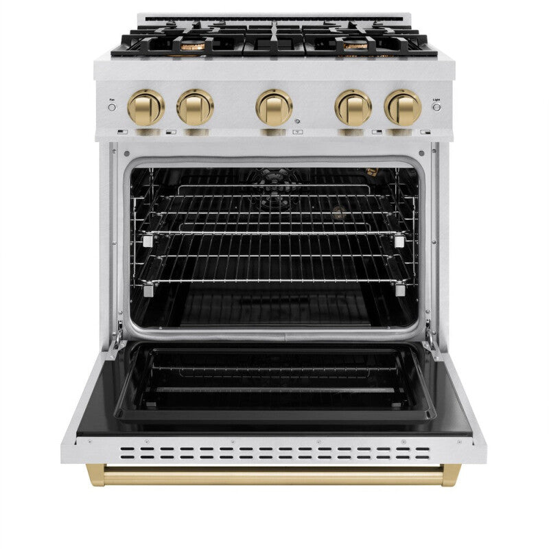 ZLINE Autograph Edition 30 in. 4.2 cu. ft. Classic Gas Range with 4 Burner Cooktop and Convection Gas Oven in DuraSnow® Stainless Steel and Champagne Bronze Accents (CGRSZ-30-CB) - (CGRSZ30CB) -
