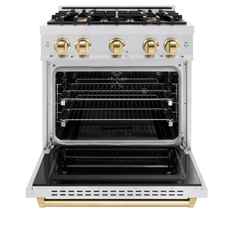 ZLINE Autograph Edition 30 in. 4.2 cu. ft. Classic Gas Range with 4 Burner Cooktop and Convection Gas Oven in DuraSnow® Stainless Steel and Polished Gold Accents (CGRSZ-30-G) - (CGRSZ30G) -